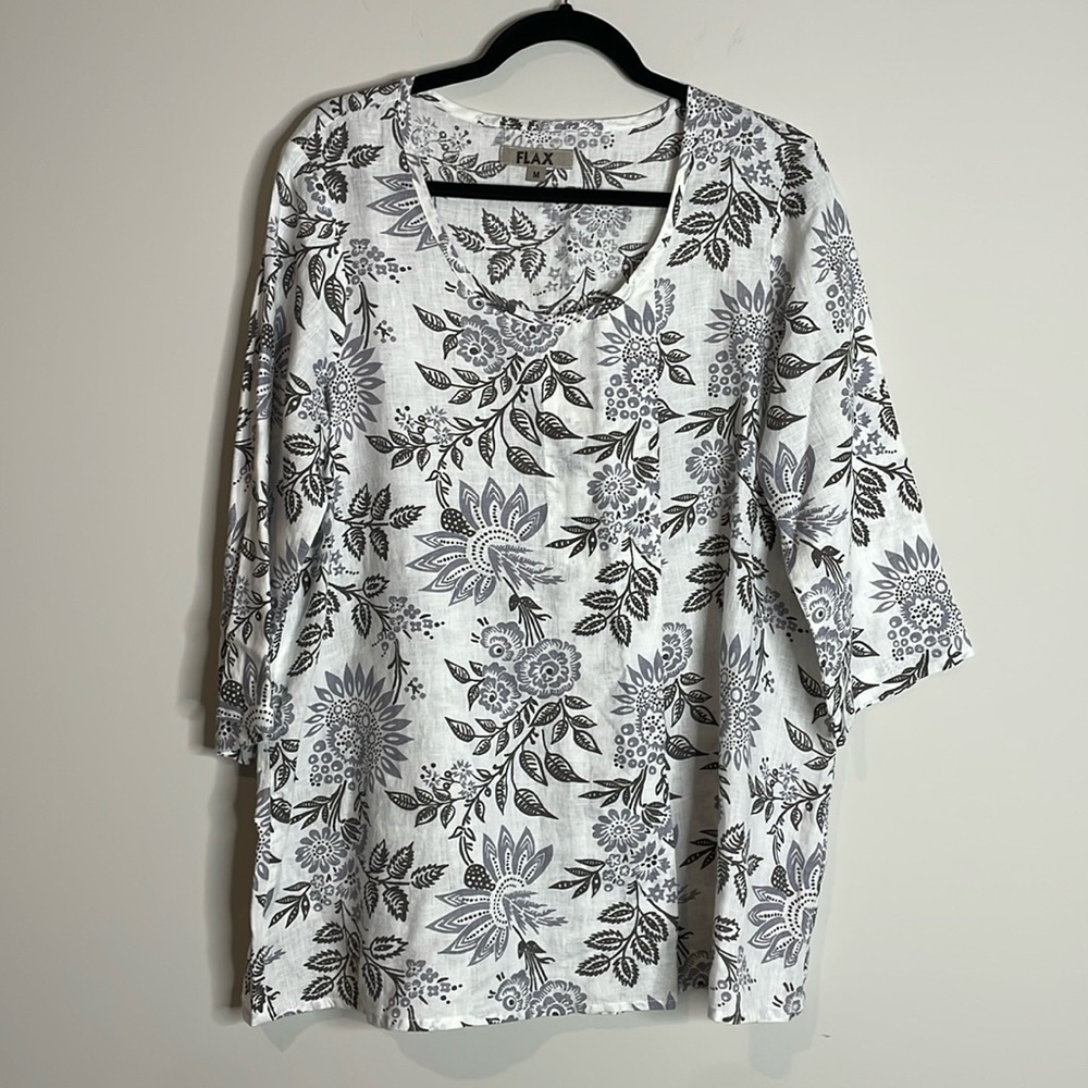 FLAX | Women’s Grey 100% Linen Floral Top Size Medium 3/4 Sleeve Size Medium